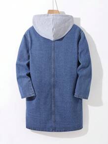 SHEIN Jaqueta jeans azul de comprimento médio para meninos adolescentes, roupas casuais cinza de malha com capuz e patchwork, para meninos adolescentes, roupas de outono e inverno