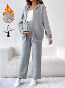 SHEIN 2pcs Maternity Solid Color Zip-Up Long Sleeve Hoodie Jacket, Pants Casual Set - Grey - View 1