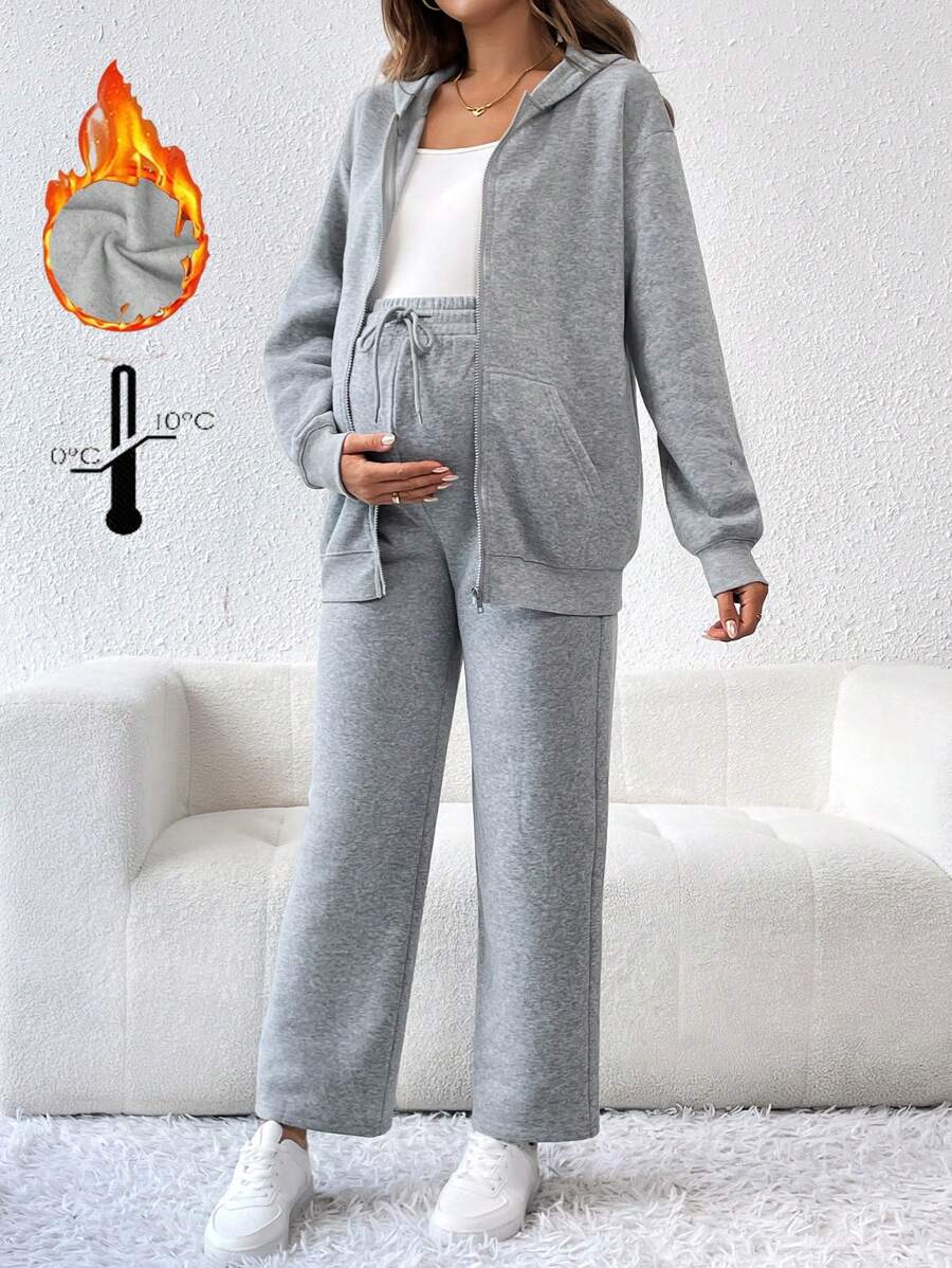 SHEIN 2pcs Maternity Solid Color Zip-Up Long Sleeve Hoodie Jacket, Pants Casual Set - Grey - View 1
