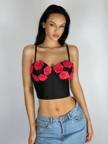 SHEIN LUNE Contrast Color Floral Applique Camisole To Be Worn As Outerwear - Black - View 5