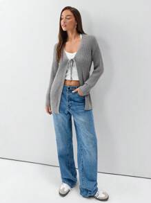 SHEIN Unity 1 件女士休闲简约抽绳纹理针织开衫，灰色，秋冬 - 灰色 - 查看 3