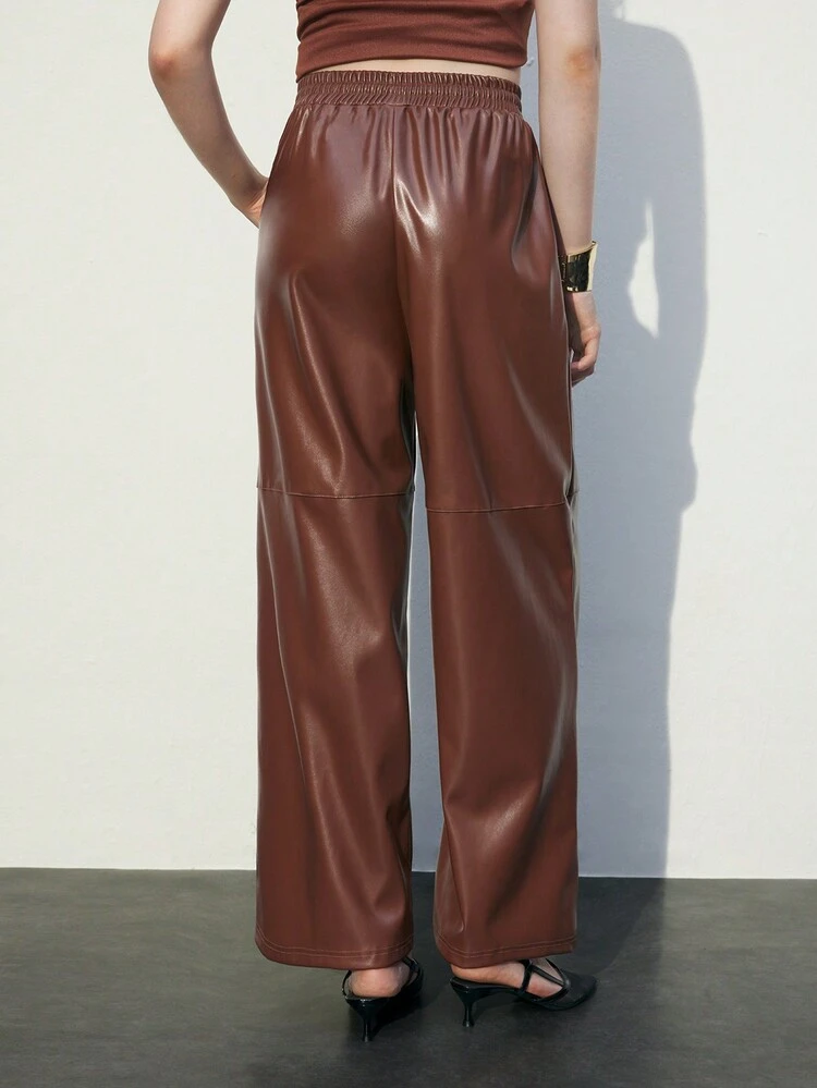 SHEIN Maija Brown Solid Color Tie Waist Pocket PU Leather Straight Loose Casual Pants, Spring/Summer