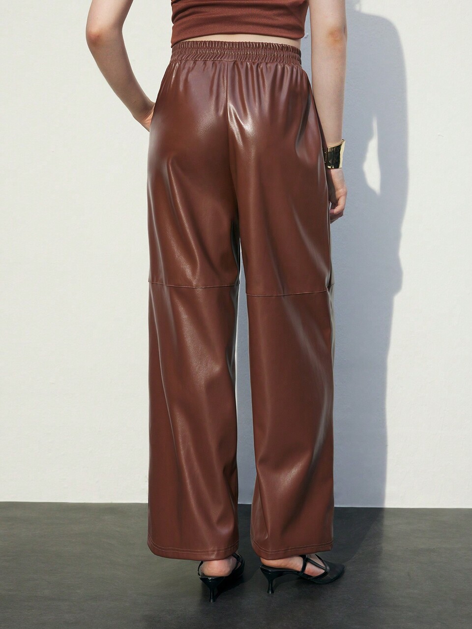 SHEIN Maija Brown Solid Color Tie Waist Pocket PU Leather Straight Loose Casual Pants, Spring/Summer