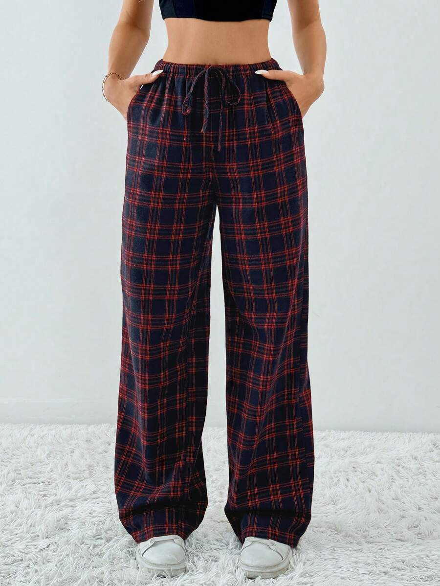 SHEIN Tall Plaid Printed Drawstring Waistband Slanted Pocket Loose Casual Wide Leg Pants - Red - View 1