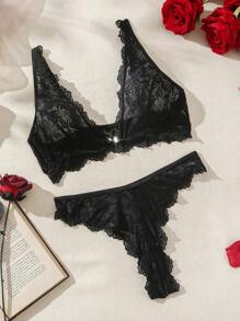 FloralLove Ladies' Lace Underwear Set Sexy Lingerie, Bra & Panty Set - Black - View 6