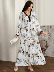 Al Najma 女士花卉印花 V 领拼布阿拉伯连衣裙，朴素长袖优雅束腰外衣 Kaftan Jalabiya 阿拉伯连衣裙，适合晚会/婚礼嘉宾/周年纪念/日常 - 彩色 - 查看 3