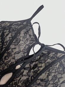 Zolique 性感黑色蕾丝前镂空吊带背心，夏季秋季女式紧身上衣 - 黑色 - 查看 5