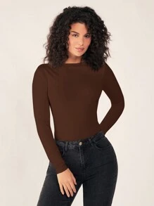 Tseoso Women's Solid Color Crew Neck Long Sleeve Casual T-Shirt, Spring/Summer - Brown - View 7