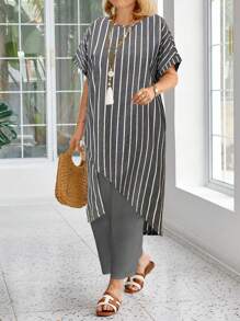 Bộ 2 món áo thun sọc tay ngắn cổ tròn đơn giản cho người ngoại cỡ và quần, in ngẫu nhiên - Xám - Xem 5