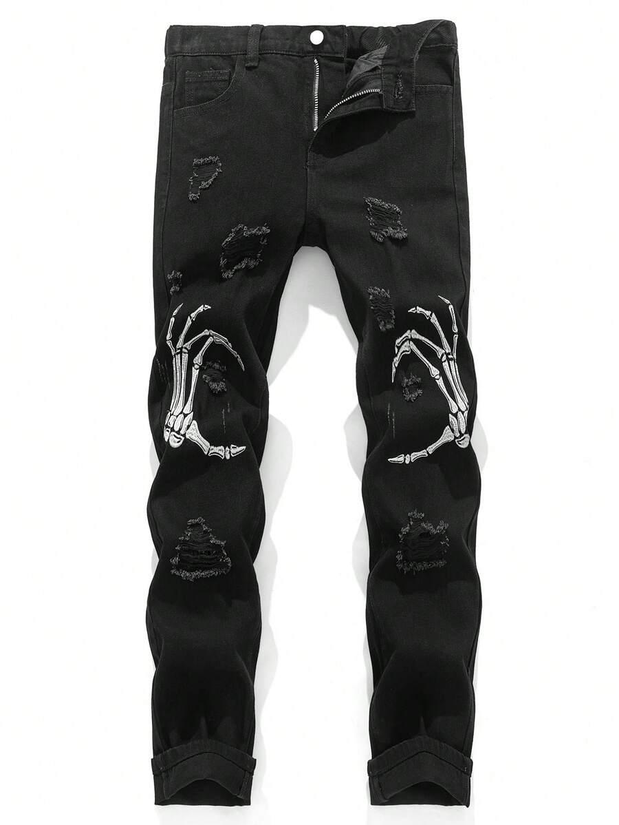 SHEIN Tween Boy Casual Fashion Lined For Added Warmth Cut Out Ripped Frayed Design Sense Halloween Skull Design Black Plush Inside Loose Straight Leg Jeans For Dailywear And Fall Clothes - Black - View 1