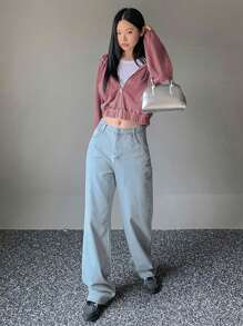 Dazy Tall 女式纯色落肩长袖前拉链休闲连帽衫，秋冬 - 玫紅色 - 查看 5