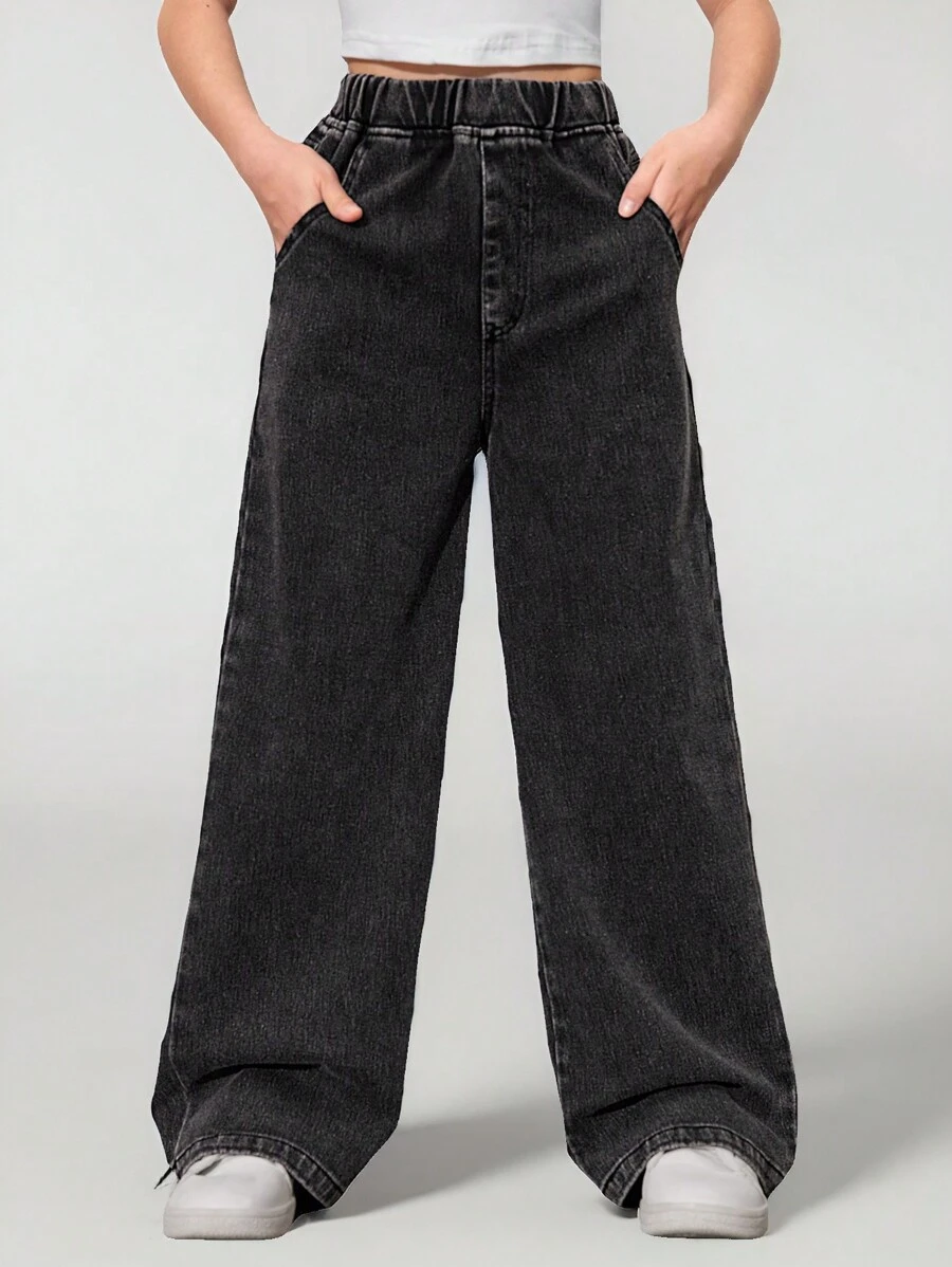 SHEIN Tween Girl Simple Casual Jeas Wide Leg Pants With Slanted Pockets And Versatile Style Summer Holiday