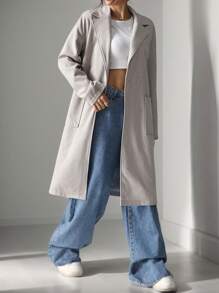 SHEIN EZwear Abrigo de mezcla de punto texturizado de longitud media para mujer - Albaricoque - Ver 1