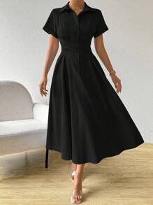 SHEIN Clasi Đầm Maxi Tay Ngắn Màu Trơn Đơn Giản Thường Ngày Có Thắt Lưng Cho Nữ - màu đen - Xem 5