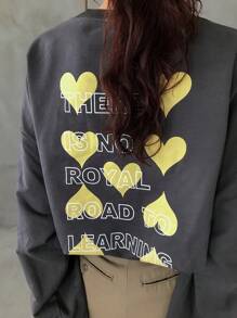 FRIFUL Women's Loose Fit Heart Pattern Contrast Color Sweatshirt - Grey - View 8