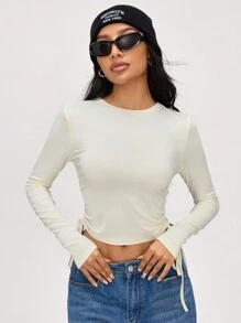 SHEIN BASICS 2 件装休闲纯色针织圆领长袖 T 恤，带侧边抽绳，女款 - 彩色 - 查看 8