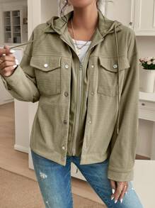 SHEIN Frenchy 女式纯色宽松长袖连帽夹克，带口袋，适合春秋季节 - 綠色 - 查看 6