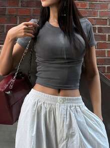 DAZY 女士休闲纯色修身短袖 T 恤，夏季 - 深灰色 - 查看 4