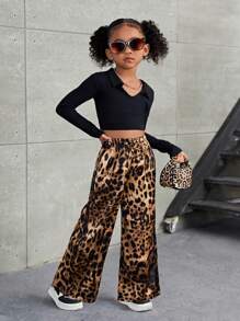 SHEIN Leap Crew Quần dài ống rộng in họa tiết da báo cho bé gái, kiểu dáng thường ngày năng động, cá tính, thích hợp mặc cùng mẹ và bé (bán riêng lẻ). - màu nâu - Xem 4