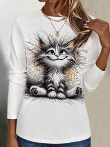EMERY ROSE Casual Simple Cat Pattern Loose Round Neck Long Sleeve Women's T-Shirt Suitable For Autumn And Winter