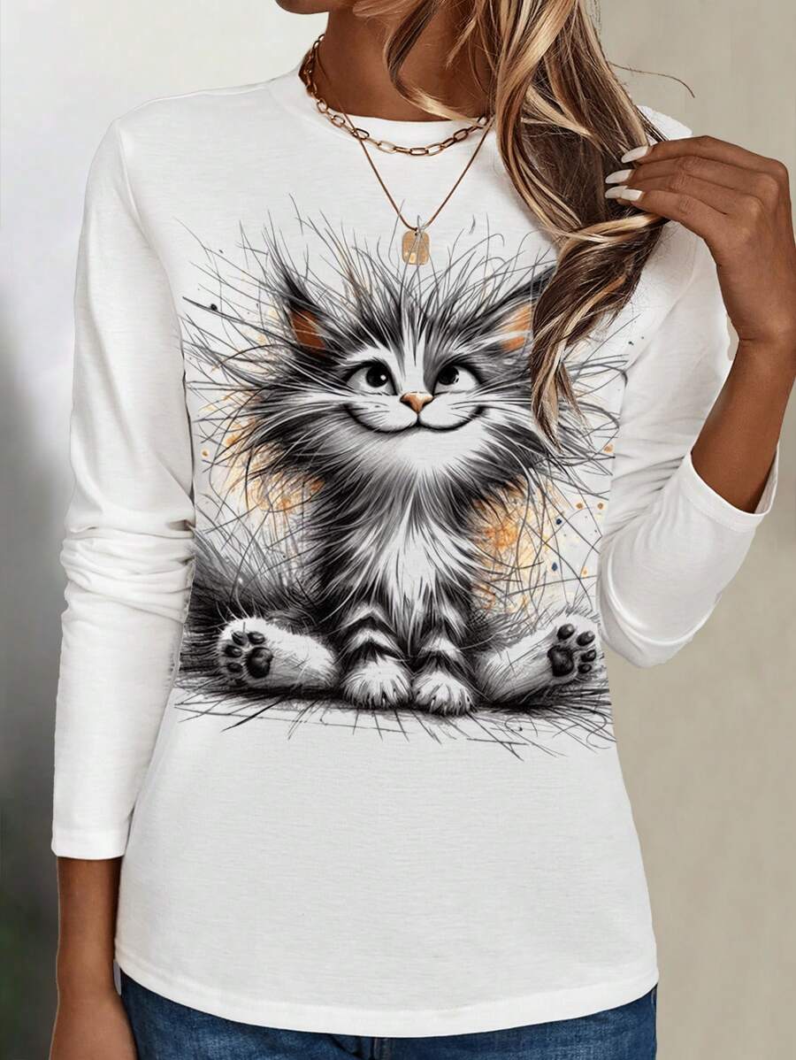 EMERY ROSE Casual Simple Cat Pattern Loose Round Neck Long Sleeve Women's T-Shirt Suitable For Autumn And Winter