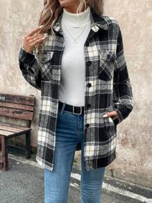 SHEIN LUNE Retro Plaid Woolen Casual Shirt-Style Jacket For Women With Collar, Button, Pockets, Asymmetrical Hemline, Elegant Look For Commuting & Going Out In Autumn And Winter