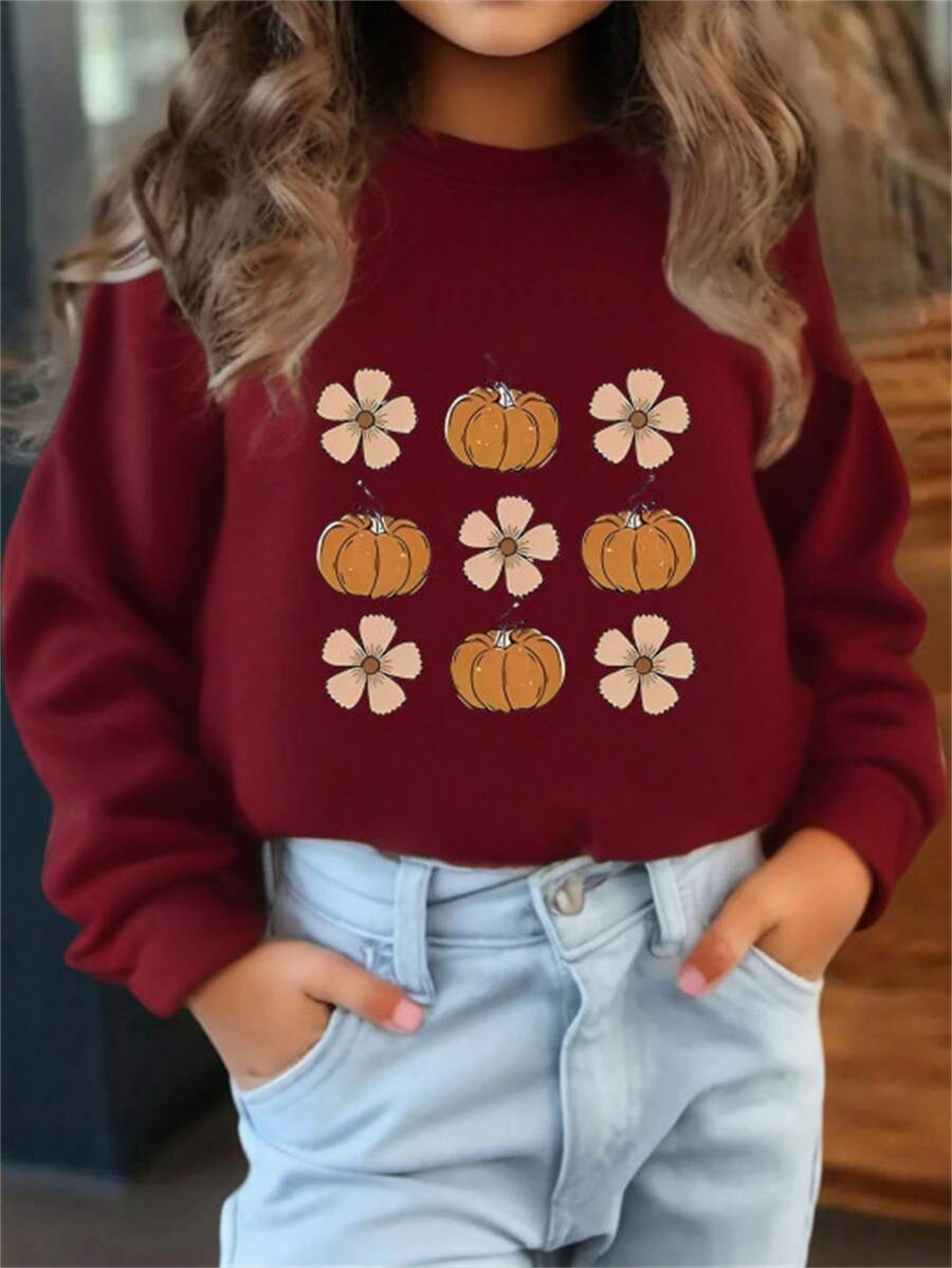 Young Girl Casual Pumpkin & Flower Print Crew Neck Sweatshirt, Autumn Winter - Burgundy - View 1