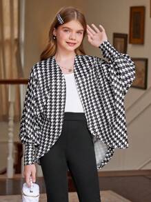 SHEIN 1pc Girls' Loose Fit Houndstooth Batwing Formal Jacket, Autumn - Black and White - View 7
