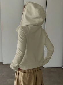 DAZY Áo hoodie dài tay thường ngày có khóa kéo phía trước màu trơn dành cho nữ, áo nỉ dài tay, áo khoác ngoài - Màu be - Xem 6