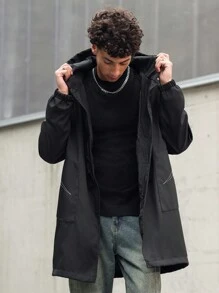 Manfinity Hypemode 男式休闲拉链落肩宽松连帽风衣 - 黑色 - 查看 5