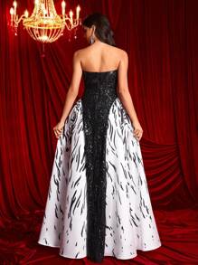 SHEIN Belle Váy dài chữ A in họa tiết ombre bằng vải satin chắp vá màu đen và trắng thanh lịch, phong cách cung điện cho tiệc, đám cưới, vũ hội, váy sự kiện cưới, váy dạ hội trang trọng, cho khách dự tiệc cưới, tốt nghiệp, tiệc tối - Đen và trắng - Xem 3