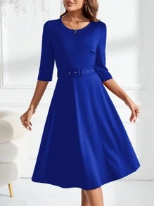 SHEIN Clasi Đầm midi buộc eo cổ tròn tay ngắn màu trơn cho nữ, xuân hè - Xanh đậm - Xem 4