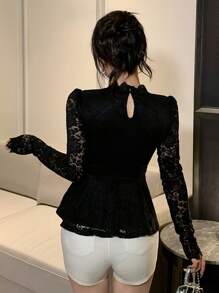 DAZY Women Lace Ruffle Trim Long Sleeve Top Going Out Tops,Fall Clothes Turtleneck Women - Black - View 5