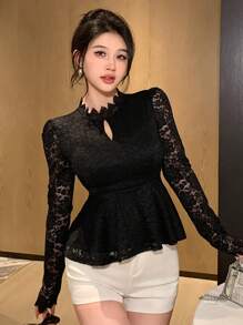 DAZY Women Lace Ruffle Trim Long Sleeve Top Going Out Tops,Fall Clothes Turtleneck Women - Black - View 7