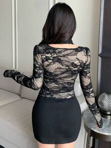 DAZY Women's V-Neck Lace Long Sleeve Blouse,Fall Clothes - Black - View 5