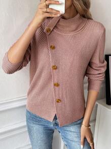 SHEIN LUNE Suéter de manga larga de unicolor, cuello alto y abotonado por delante