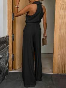 INAWLY 女士纯色翻领口袋宽腿宽松休闲连体裤，夏季 - 黑色 - 查看 2