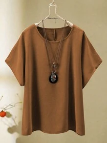 EMERY ROSE 2pcs Plus Size Casual Solid Color Batwing Sleeve Shirt And Pants Set - Coffee Brown - View 3
