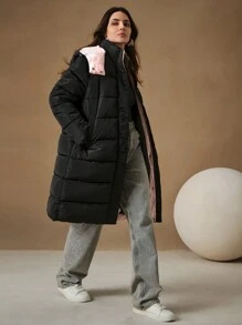 Anewsta 女士中长款可拆卸撞色连帽厚垫大衣 - 黑色 - 查看 5