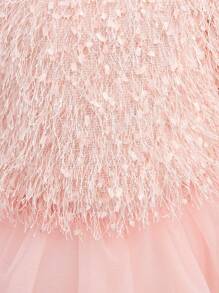 SHEIN 2pcs Baby Girl Cute Pink Fringe Short Sleeve Top And Tulle Skirt Set, Autumn/Winter