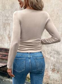 SHEIN LUNE Áo cổ lọ ôm vừa vặn eo màu nâu cho nữ, mùa thu đông - màu nâu - Xem 2