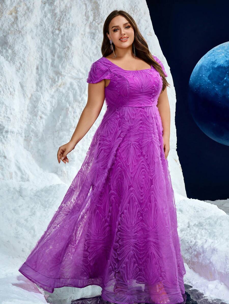 Plus Square Neck Purple Embossed Floral Elegant Multilayered 3D Floral Midi Dress, Wedding Event Dress,Party Dress,Gown,Formal,Evening,Wedding Guest