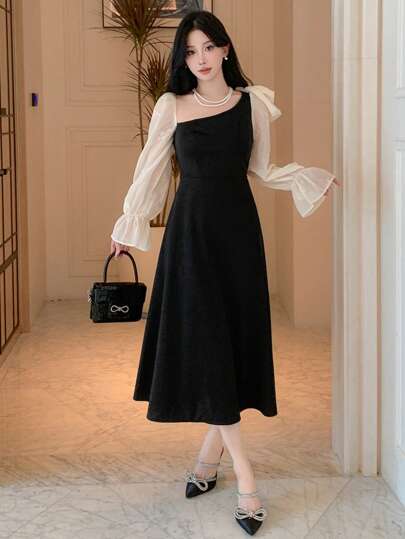 DAZY 女士纯色拼接长袖休闲褶皱连衣裙，生日、新年、舞会礼服，荷叶边，秋季连衣裙，优雅女装