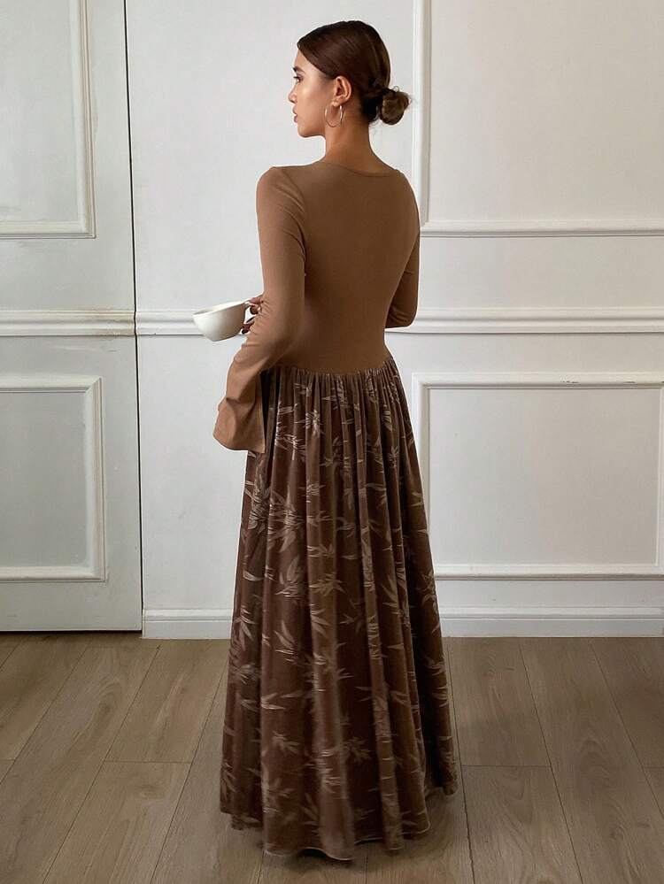 Fabric Patchwork Fitted Long Sleeve Round Neck Women's Dress,Ruffle,Fall Clothes Maxi Dress