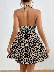 Chiquease Women's Summer Casual Leopard Print Halter Cinched Waist Dress - Black - View 2