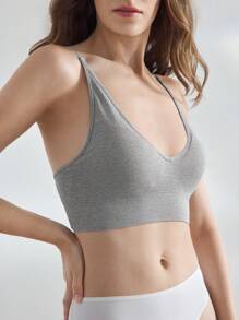 Women's Light Grey Plain Knitted Fabric Casual Medium Stretch Bralette Backless V-Neck Bralette - Light Grey - View 3