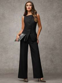 SHEIN BAE Bộ đồ đi làm thanh lịch cổ tròn màu trơn một hàng khuy cho nữ, quần áo mùa hè mùa thu cho nữ, bộ đồ công sở, trang phục công sở thường ngày cho nữ, trang phục hai mảnh cho nữ, bộ đồ công sở mùa thu cho nữ, bộ đồ cho nữ, áo khoác cho nữ - màu đen - Xem 6