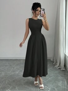 Rafferiza Women's Casual Commuter Side Slit Zip Up Mid-Length Dress Maxi Women Outfit - Black - View 6