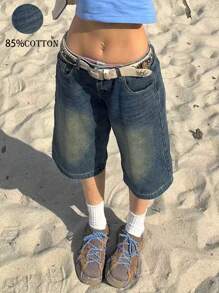 Y2K Vintage Washed Distressed Low Waist Flare Leg Denim Shorts With Side Pockets - Dark Wash - View 4