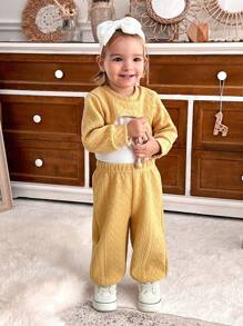 SHEIN Babygirl 3pcs Set Texture Detail Yellow Top, Fashionable Outfit For Outings In Autumn - Ginger - View 8